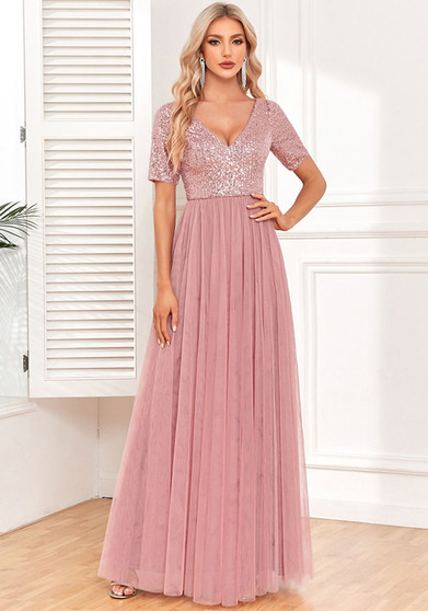 Women's Elegant Short Sleeve Sequin Patchwork V-Neck A-Line Evening Gown