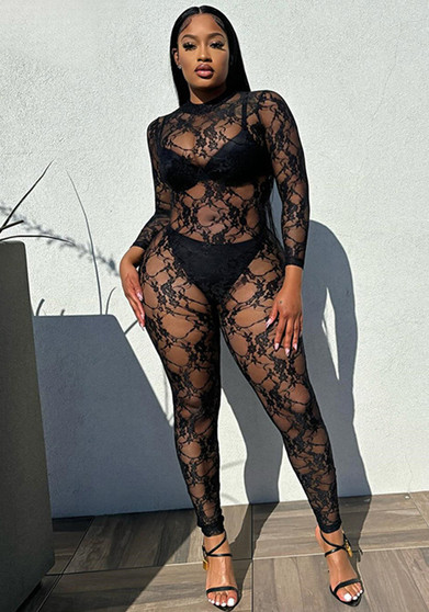 Women's Spring Summer Style Street Sexy See-Through Round Neck Long Sleeve Lace Tight Fitting Jumpsuit