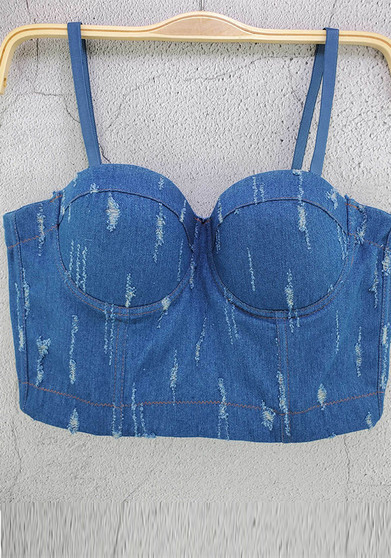 Simple Ripped Fashion Trend Denim Camisole Split Size Wrapped Underwire Women's Top Cutout Vest