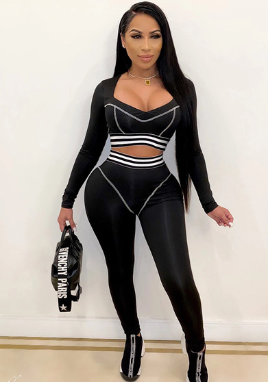 Women Style Line Long Sleeve Top and Pant Sports Two-piece Set