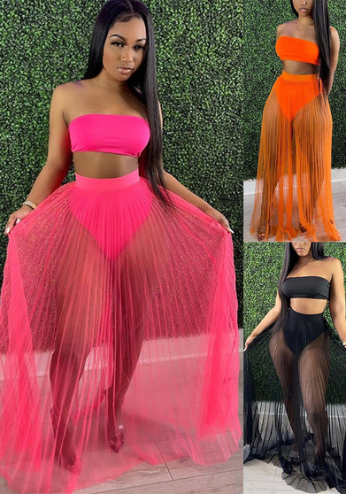 Women's Sexy Mesh Pleated Skirt Strapless Crop Top Three-Piece Set