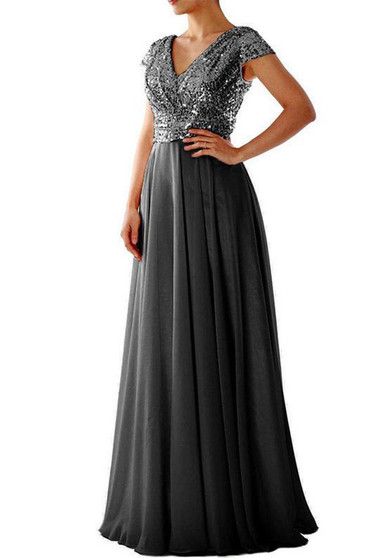 Women Summer V Neck Sequined Chiffon Patchwork Evening Dress