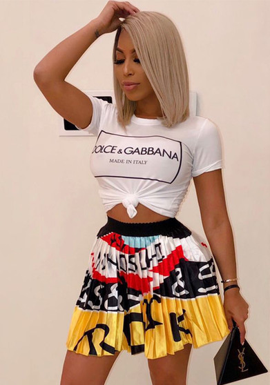 Women Printed T-Shirt and Pleated Skirt Two-Piece Set