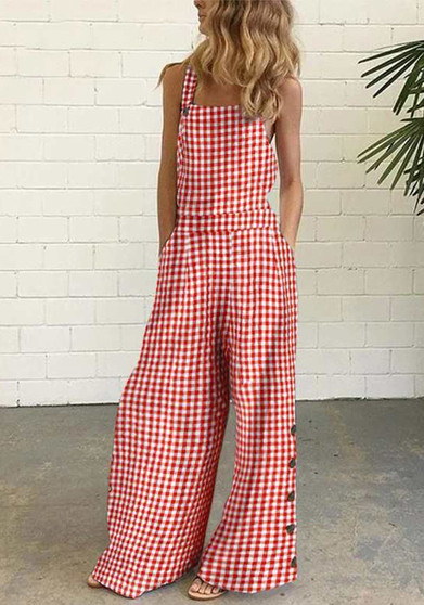 Plaid Print Strap Low Back Wide Leg Jumpsuit