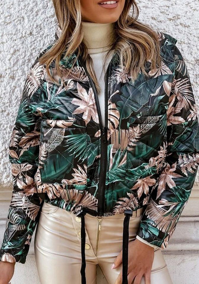 Winter Women Printed Long Sleeves Zip Padded Jacket