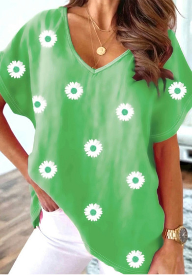 Plus Size Women V Neck Short Sleeve Flower Print Top