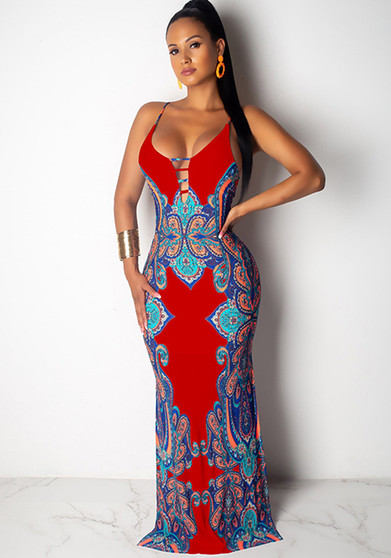 Women Ethnic Print Strap Maxi Dress