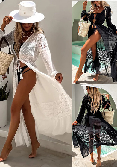 Chiffon Lace Patchwork Long Cover-Up Sun Protection Coat