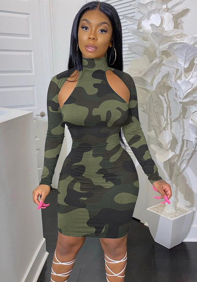 Women Camouflage Print Long Sleeve Dress