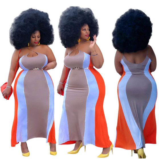 Plus Size Women's Suspender Candy Patchwork Sexy Dress Plus Size Maxi Dress