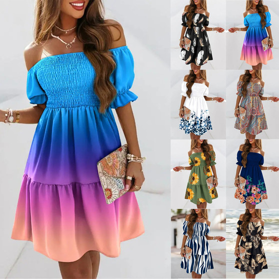 Short Sleeve Off Shoulder Slim Waist Pleated Print Dress