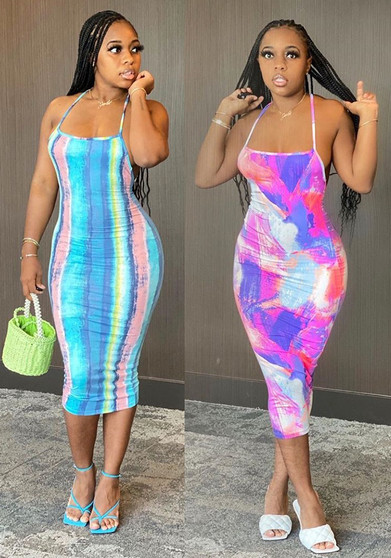 Women's Sexy Tie Dye Printed Strap Low Back Dress