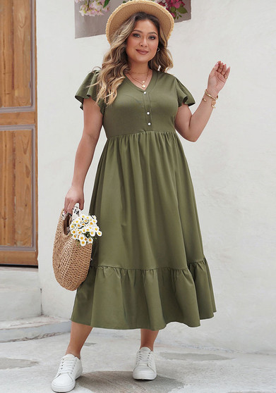 Plus Size Women's V Neck Ruffle Sleeve Casual Loose Long Dress