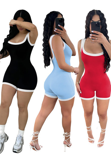 Women's Spring Fashionable Contrast Color Ribbed Tight Fitting Romper Low Back One-Piece Casual Shorts