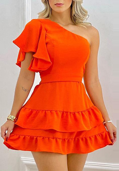 Solid One-Shoulder Ruffled Patchwork Slim Waist Dress