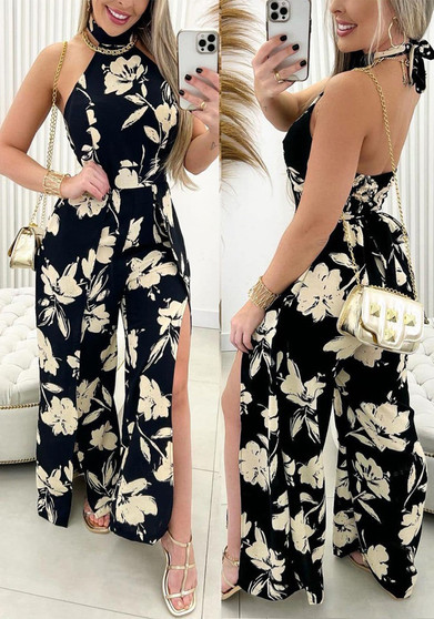 Women's Floral Print Holidays Style Halter Neck Low Back Slit Jumpsuit