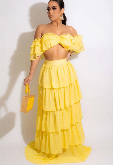 Stylish Off Shoulder Ruffled Two Piece Skirt Set