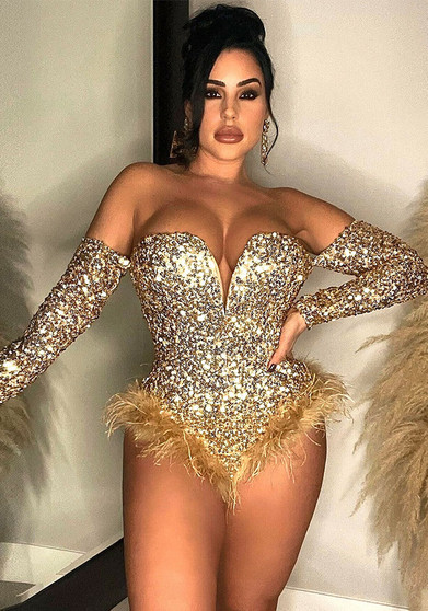 Women Sexy Feather Sequin Jumpsuit