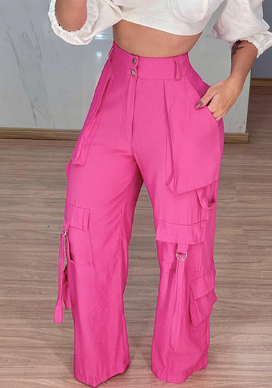 Women Rose Casual Patch Pocket Cargo Pants