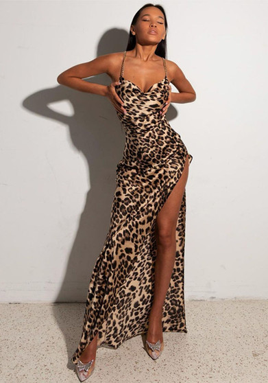 Women Chain Suspender Irregular Slit Leopard BacklessMaxi Dress