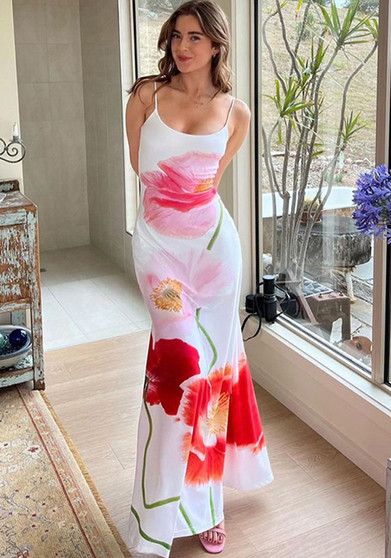 Women Spring Women Printed Suspender Backless Sexy Long Skirt Beach Dress for Women