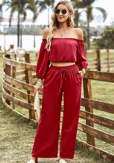 Women Strapless Top and Wide Leg Pant Two-Piece Set