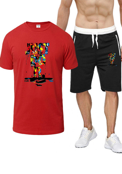 Men's Summer Print Round Neck Short Sleeve T-Shirt and Shorts Two-Piece Set