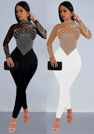 Solid color beaded mesh long-sleeved jumpsuit