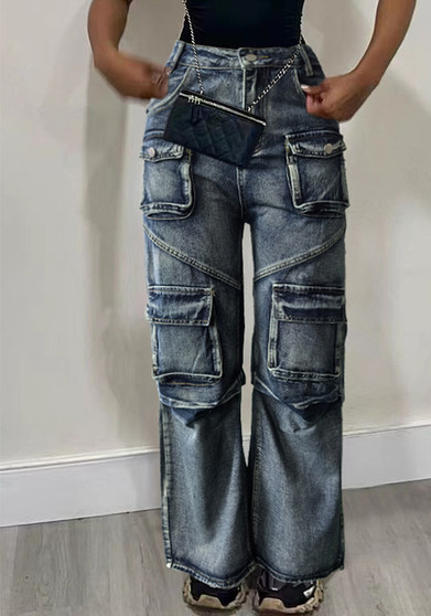 Women Pocket Wide Leg Denim Straight Pants