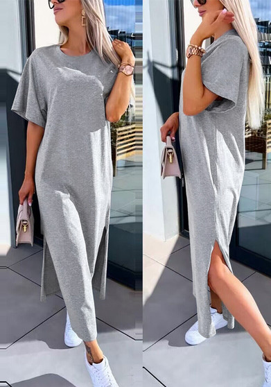 Solid Color Short-Sleeved Slit Casual Long Dress