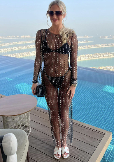 Fashion Sexy Long Sleeve Beaded See Through Mesh Beach Dress