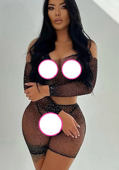 Women Fishnet Beaded Sexy Lingerie Two Pieces