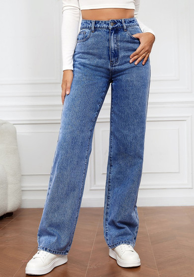 Ladies Stretch Wash Denim Trousers Fashion Straight Leg Pants