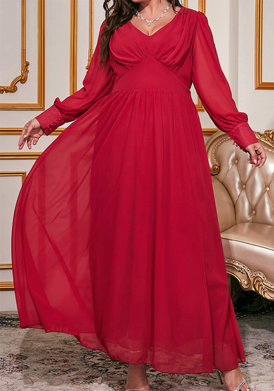 Plus Size Dress Women's V-Neck Long Sleeve Chiffon Maxi Dress