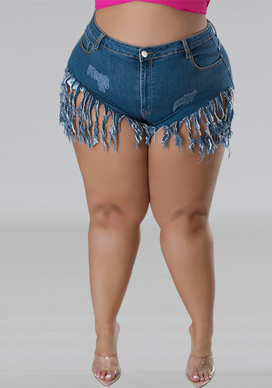 Plus Size Women's Denim Fringed Shorts