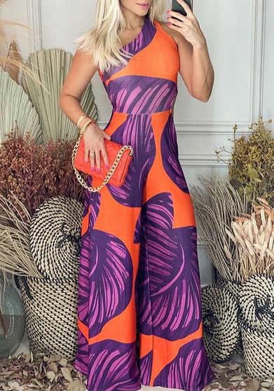 Women's Orange Leaf Print One Shoulder Jumpsuit