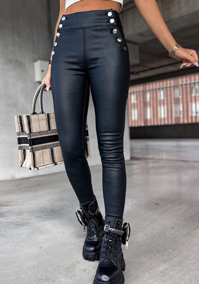 Women Fall Black Metal Buckle High Waist Slim Pu Leather Pant