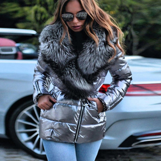 Plus Size Women's Down  Jacket Shiny Fur Collar Short Long Sleeve Down Jacket