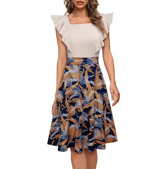 Women Summer Square Neck Ruffle Patchwork Floral Dress