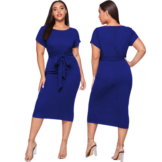 Women Round Neck Belted Short Sleeve Midi Dress