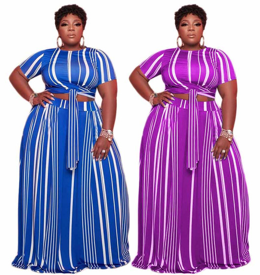 Plus Size Women Striped Print Top + Dress Two-Piece Set