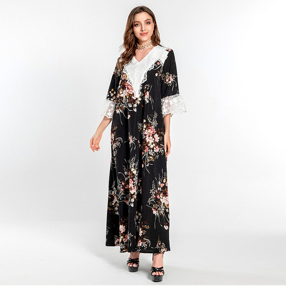 Women Muslim Round Neck Lace Print Loose Maxi Dress