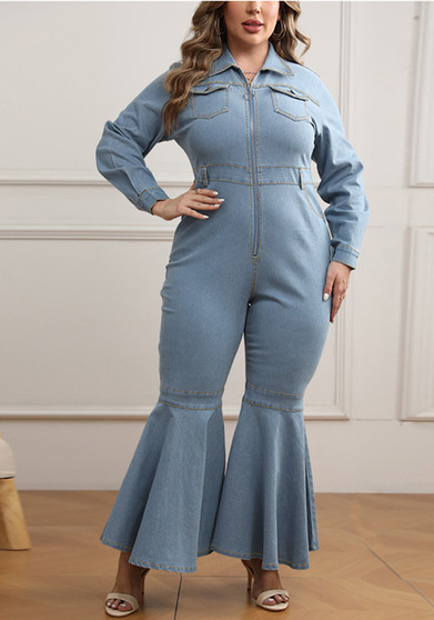 Plus Size Women's Zipper Turndown Collar Long Sleeve Bell Bottom Denim Jumpsuit