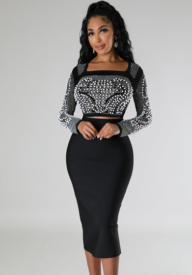 Women Sexy Long Sleeve Beaded Crop Top and Skirt Two-piece Set