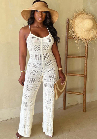 Women solid knitting sexy suspender hollow jumpsuit