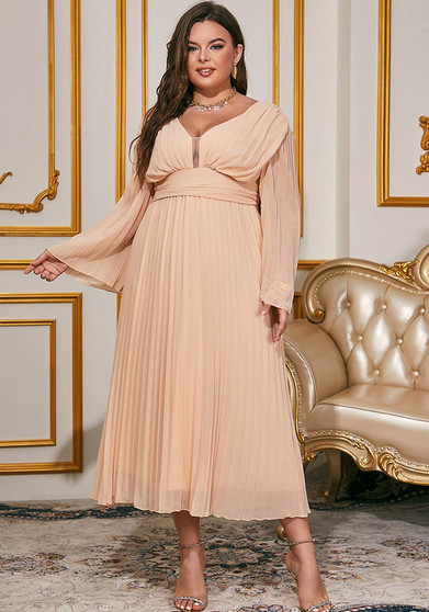 Plus Size Women Pleated V Neck Long Sleeve Chiffon Dress