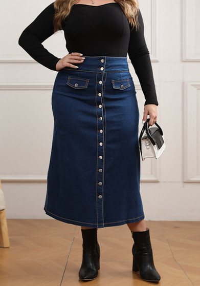 Plus Size Women Denim Button Fake Pocket Skirt