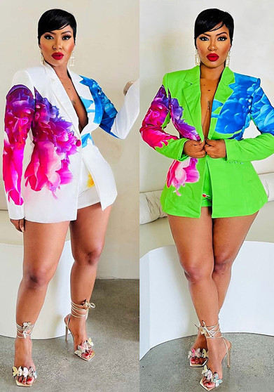 Sexy Plus size suit printed blazer shorts set