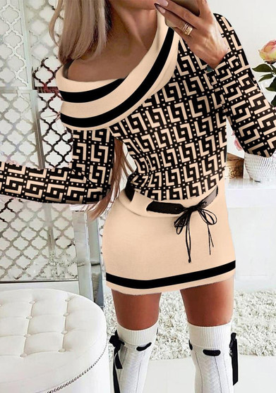 Women Turndown Collar Print Lace-Up Dress