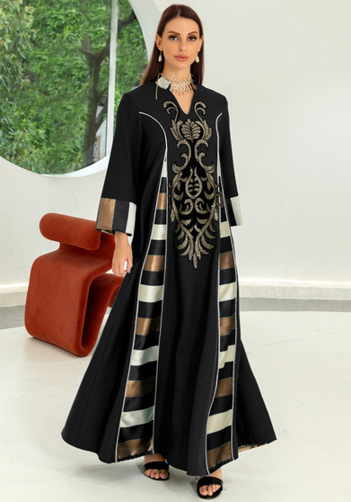 Women Embroidered Striped Abaya Muslim Dubai Muslim Robe Long Dress